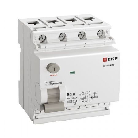 Выключатель дифференциального тока 4п 80А 100мА тип AC 6кА ВД-100N (S) электромех. PROxima EKF E1046