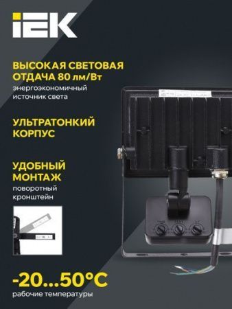 Прожектор СДО 06-30Д светодиодный черный с ДД IP54 6500K IEK